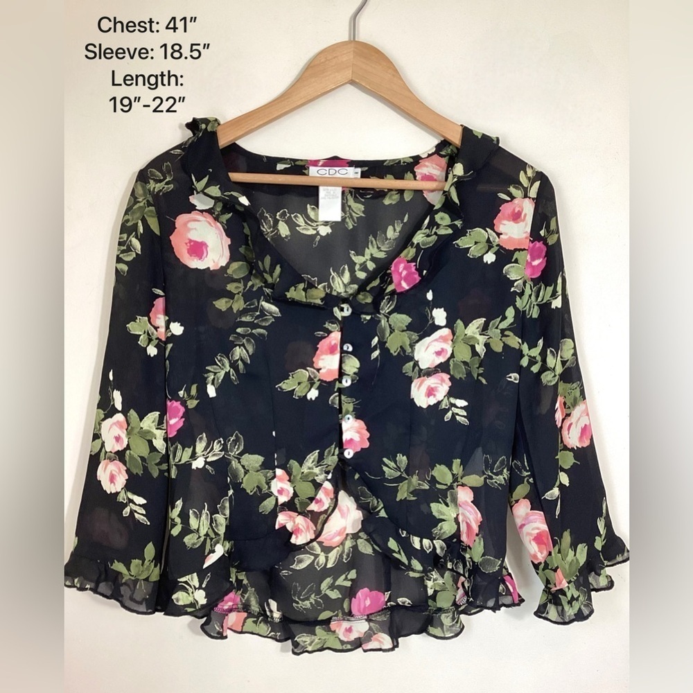 90s Y2K Vintage CDC Cardigan Floral Ruffle Topper Size 8 - Picture 5 of 16